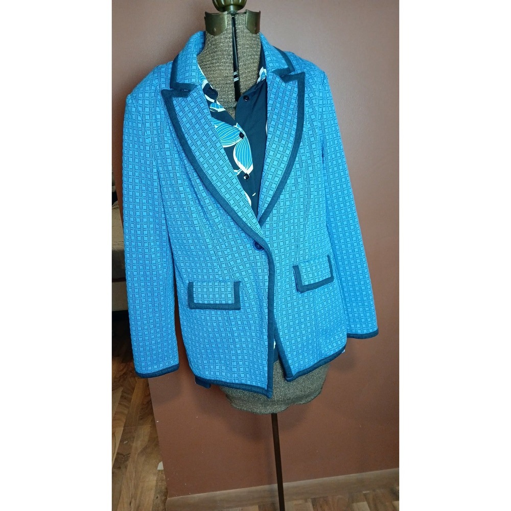 Cabi Blue Geometric Textured Blazer Jacket Navy Trim Single Button Size L